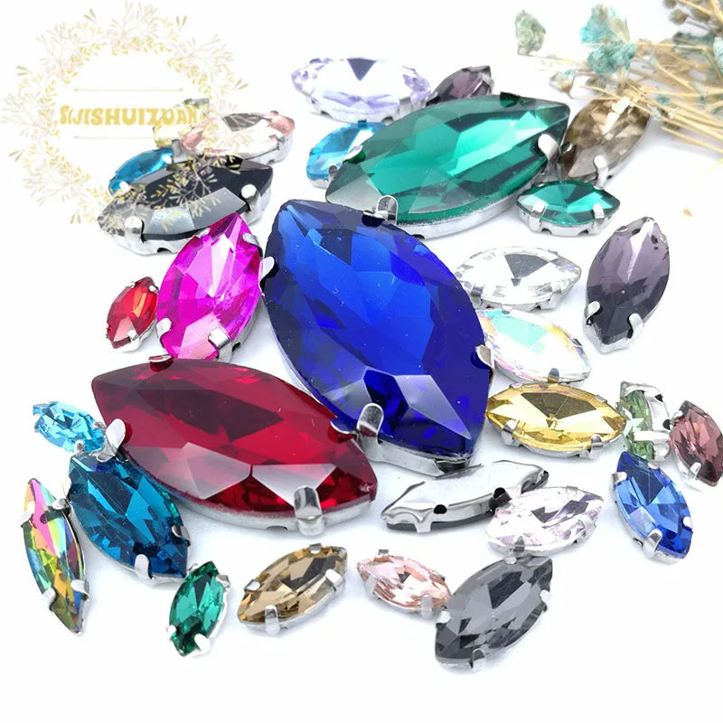 30PCS/Bag 21 Color  Mix Horse Eye Shape Size Glass Crystal Sew on Rhinestones With Silvery Claw Diy Wedding Dress Decoration