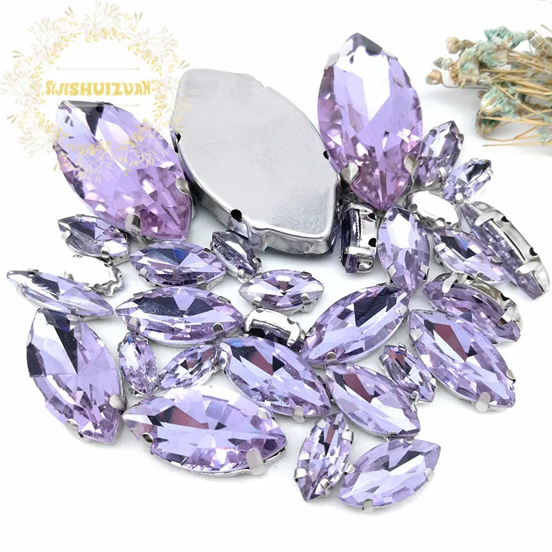 30PCS/Bag 21 Color  Mix Horse Eye Shape Size Glass Crystal Sew on Rhinestones With Silvery Claw Diy Wedding Dress Decoration