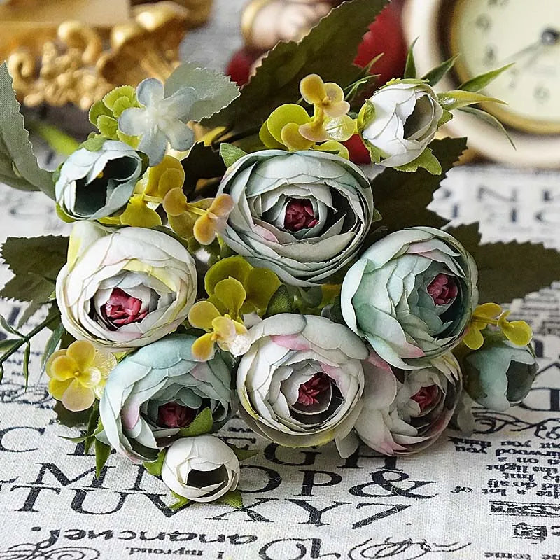 10 Heads Vintage Silk Flowers Retro Tea Roses Artificial Flowers Bride Bouquet for Wedding Decoration Home Fake Flowers A3050