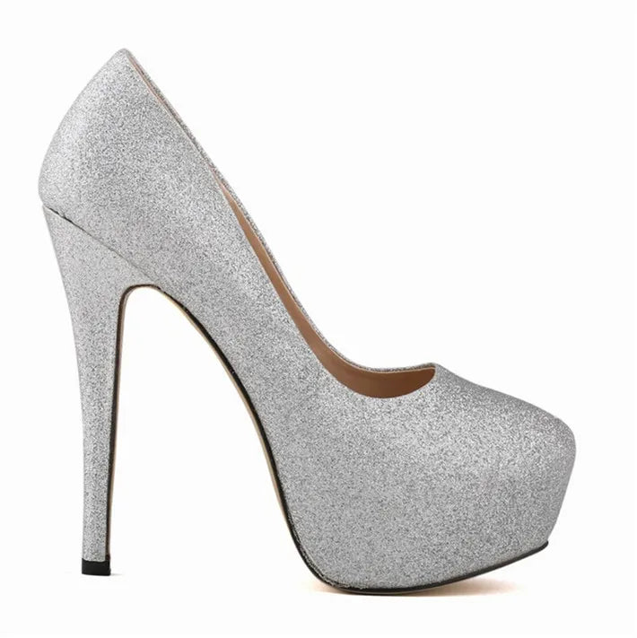 New Fashion High Platform Shallow Women Wedding Shoes Solid Sequined Cloth Round Toe Elegant High Heels Shoes Women's Size 35-42