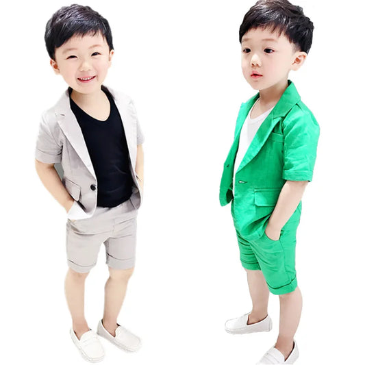 2021 Boys Formal Suits Summer Short Sleeve Blazer+Shorts  2pcs Children Kids Wedding Clothing Sets Prom Performance Costumes