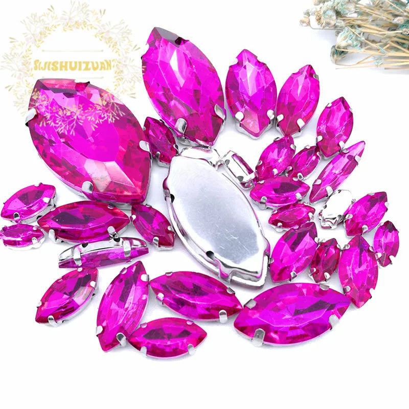 30PCS/Bag 21 Color  Mix Horse Eye Shape Size Glass Crystal Sew on Rhinestones With Silvery Claw Diy Wedding Dress Decoration