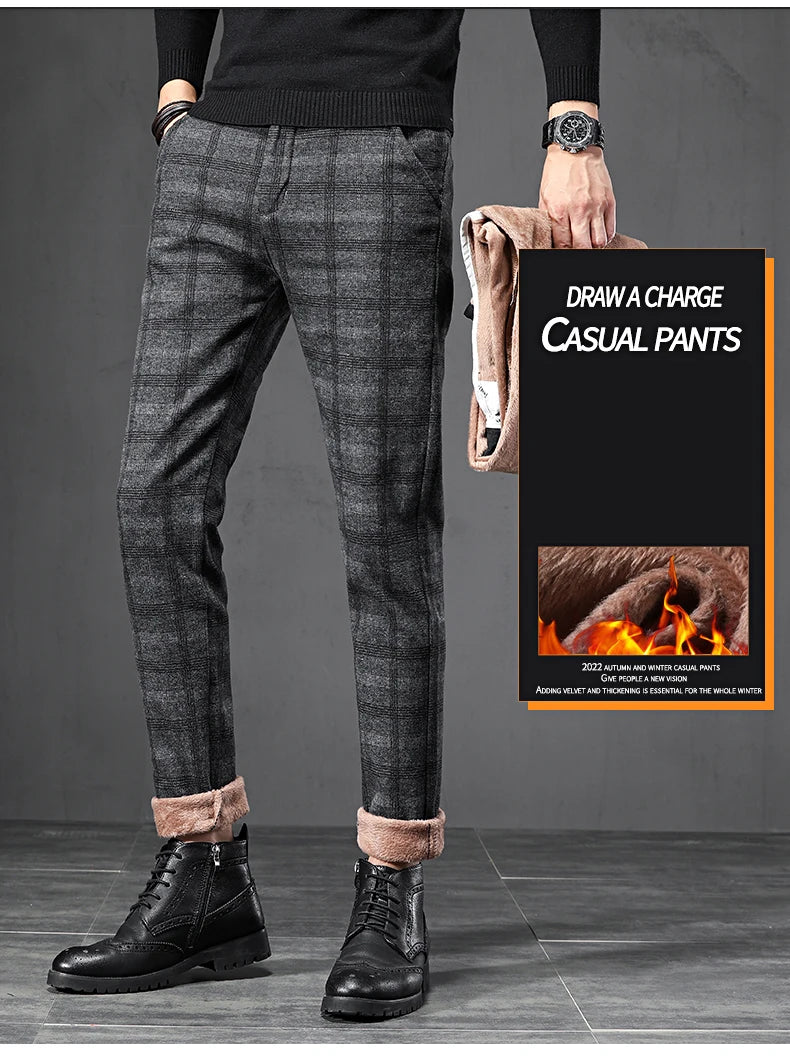 Winter Fleece Warm Pants Men England Plaid High Quality Business Slim Cotton Long Trousers Male Black Gray Pant Big Size 28-38
