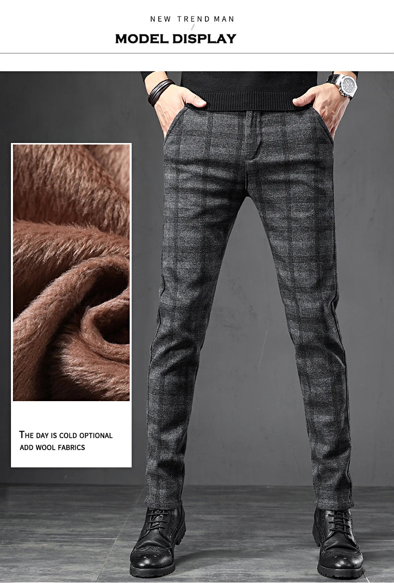 Winter Fleece Warm Pants Men England Plaid High Quality Business Slim Cotton Long Trousers Male Black Gray Pant Big Size 28-38