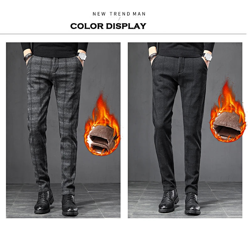 Winter Fleece Warm Pants Men England Plaid High Quality Business Slim Cotton Long Trousers Male Black Gray Pant Big Size 28-38