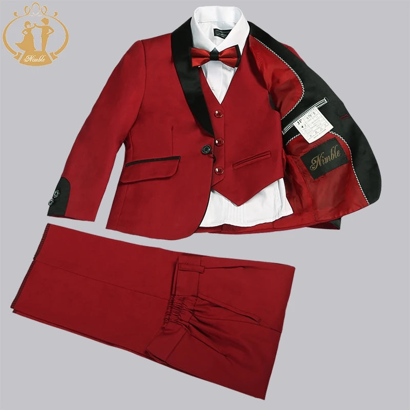 Boys 3-Piece Formal Suit Set – Blazer, Vest & Pants | Red, Black & Blue