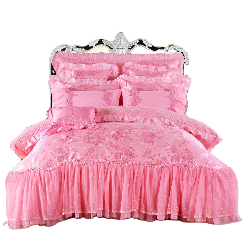 Korean Style Roganic Cotton Jacquard Wedding Lace 4pcs Bridal Duvet Cover Sets