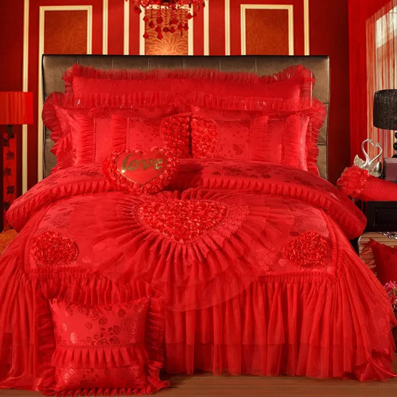 100%Cotton Soft and Breathable Bedspread Pillowcases Double Queen King Rose Luxury Red/Pink Romantic Lace Wedding Bedding Set