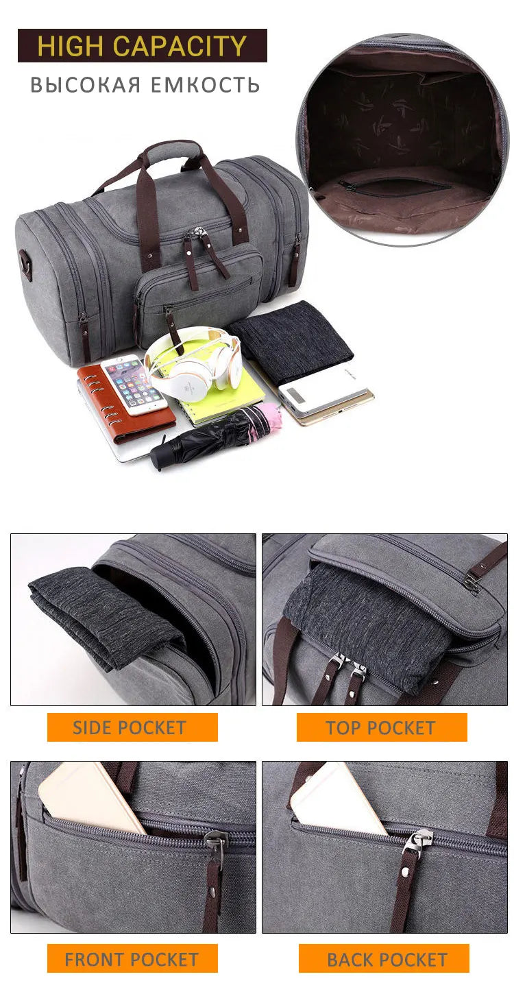 Travel Handbag for Men Hand Luggage Bags Canvas Travel Duffle Bag Weekend Shoulder Bagpack Multifunctional Lightweight Handbags