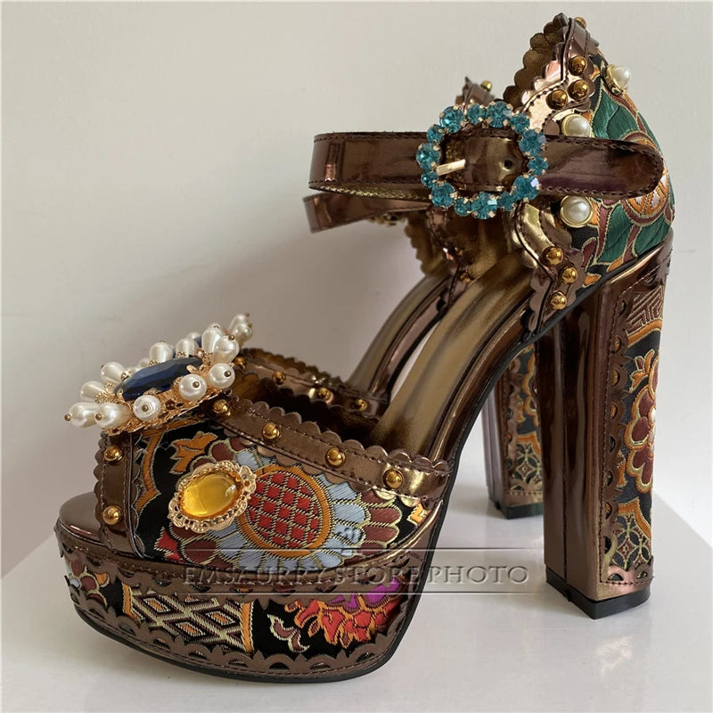 Exotic Style Embroidery Satin Wedding Shoes Woman Chunky Heel Diamond Plarform Beaded Rivet Flower Summer Sandals Women
