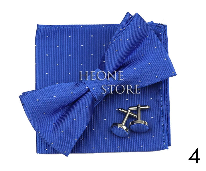 3PC Mens Bowtie Set Fashion Dot Solid Polyester Bow Tie Handkerchief Cufflinks Bar Party Wedding Business Daily Wear Accessories
