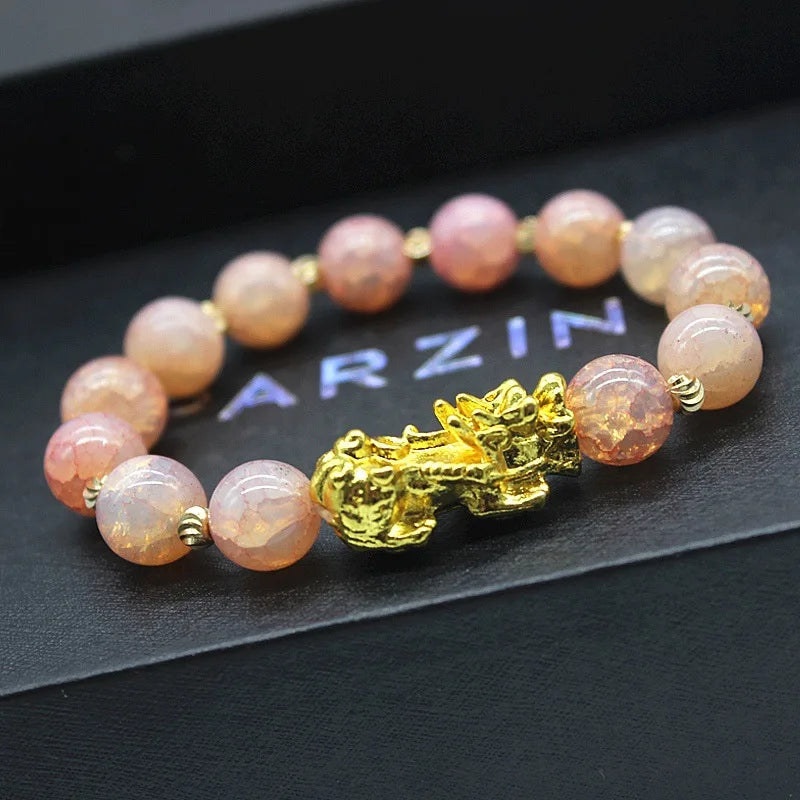 New 10mm Obsidian Stone Pixiu Bracelet For Men Women Unisex Wristband Golden Plated Black Bangles Pixiu Party Gift Jewelry