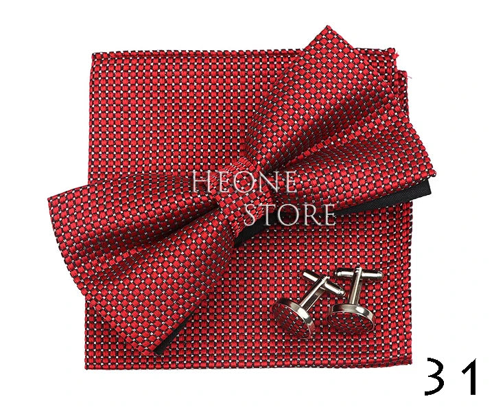 3PC Mens Bowtie Set Fashion Dot Solid Polyester Bow Tie Handkerchief Cufflinks Bar Party Wedding Business Daily Wear Accessories