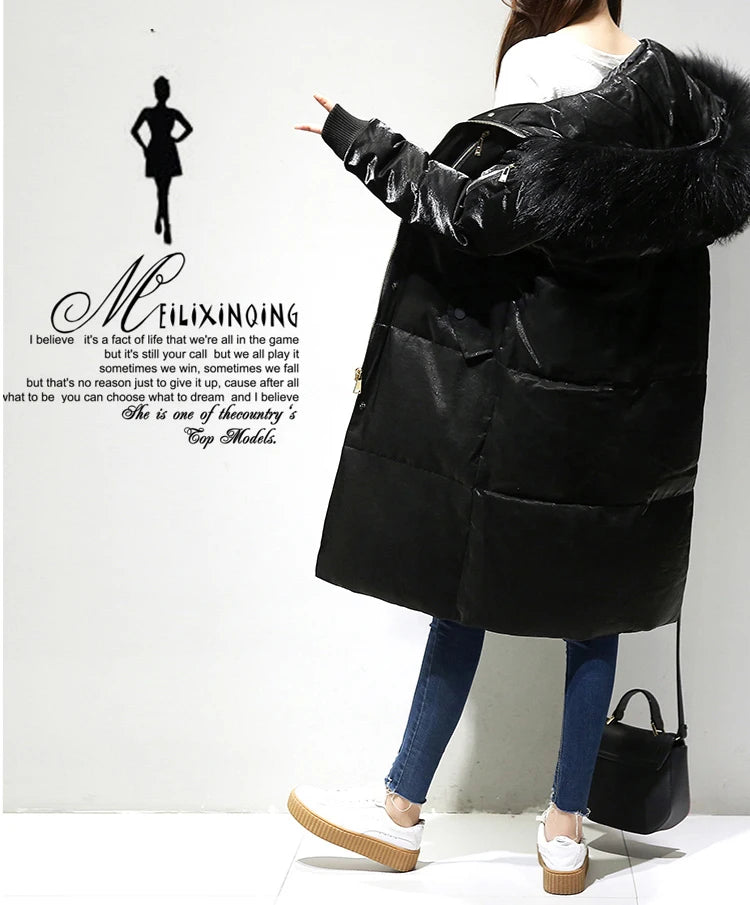 New Listing Winter Women Large Size Down Jacket Female Long Hooded Big Fur Collar Down Jacket Coat Womens Thick Warm Outerwear