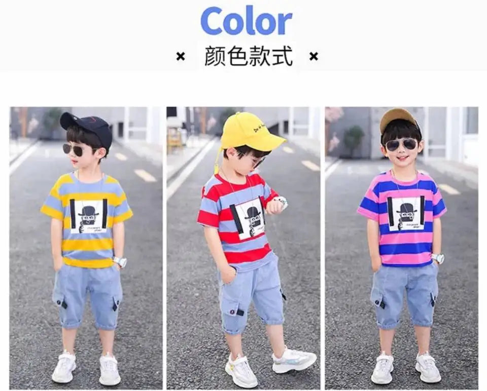 Summer Baby Boys Clothes Suit Stripe Cotton T-shirt+Jeans Short Pant 2PCS Set Kids Boys Clothing  For 3 4 5 6 7 8 9 10 11 12 Yrs