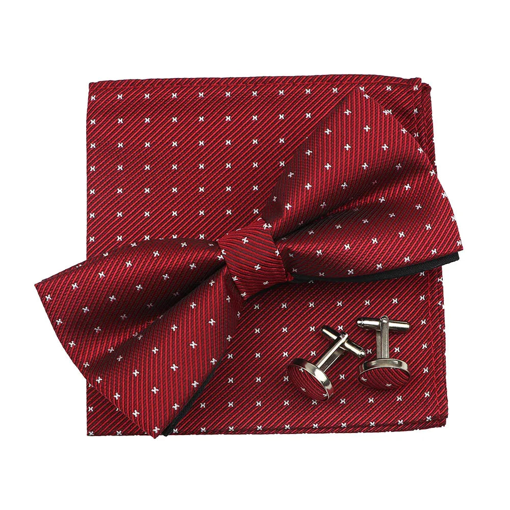3PC Mens Bowtie Set Fashion Dot Solid Polyester Bow Tie Handkerchief Cufflinks Bar Party Wedding Business Daily Wear Accessories