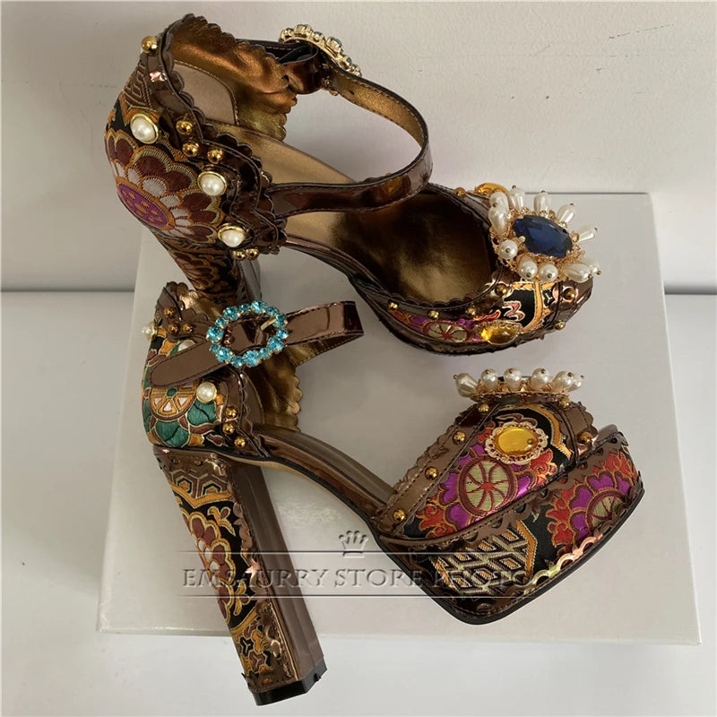 Exotic Style Embroidery Satin Wedding Shoes Woman Chunky Heel Diamond Plarform Beaded Rivet Flower Summer Sandals Women