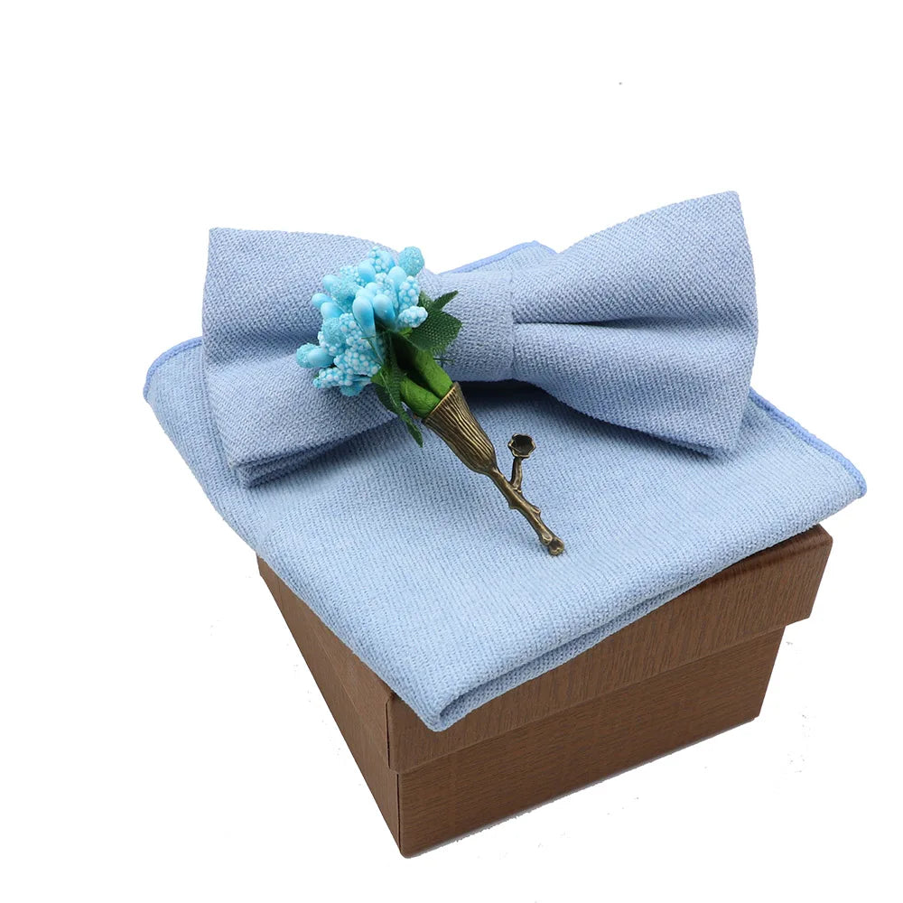 Solid Color Cotton Bowtie Handkerchief Flower Brooch Set For Men Women Party Wedding Blue Pink Green Bowties Novelty Ties Gift