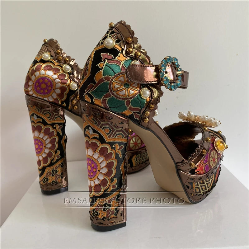Exotic Style Embroidery Satin Wedding Shoes Woman Chunky Heel Diamond Plarform Beaded Rivet Flower Summer Sandals Women