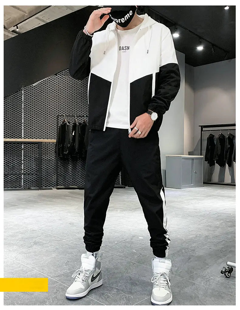 Hip Hop Military Men Tracksuit Hooded Jacket+Harem Pant Patchwork 2PC Set For Men Fashion 2023 New Mens Sportswear Suits