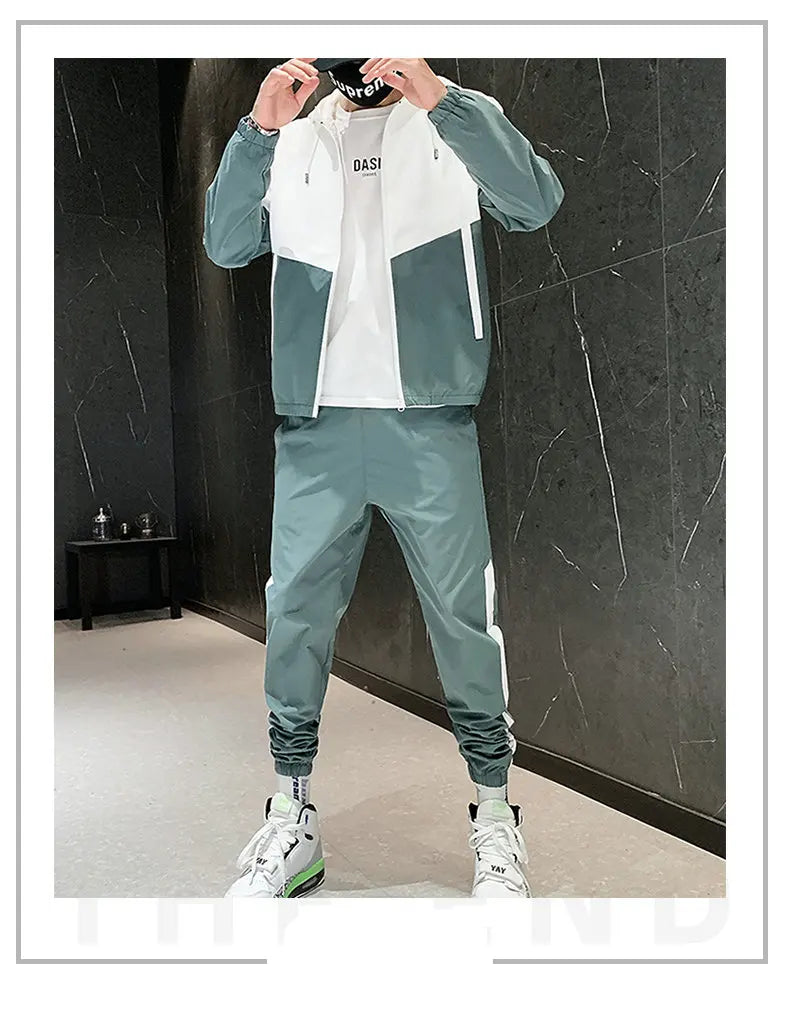 Hip Hop Military Men Tracksuit Hooded Jacket+Harem Pant Patchwork 2PC Set For Men Fashion 2023 New Mens Sportswear Suits