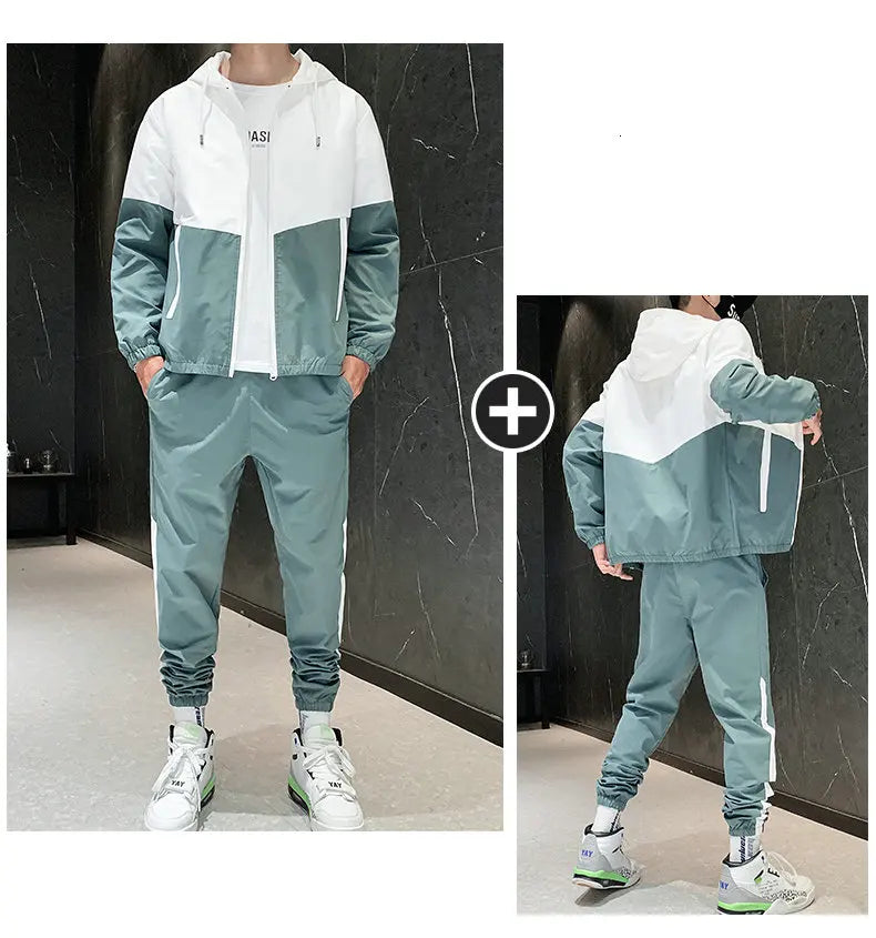 Hip Hop Military Men Tracksuit Hooded Jacket+Harem Pant Patchwork 2PC Set For Men Fashion 2023 New Mens Sportswear Suits