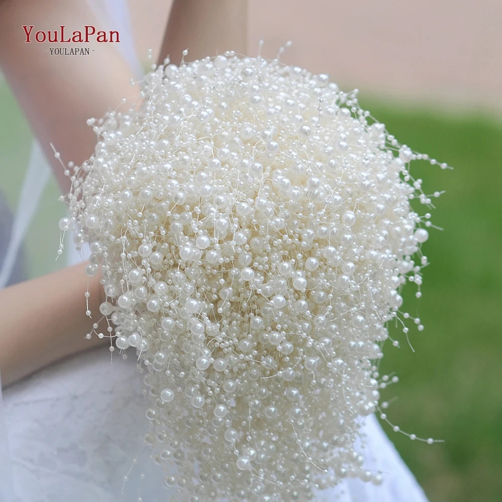 YouLaPan F24 Elegant Wedding Bouquet with Pearl Wedding Flowers Bridal Bouquets Bride Bouquet White Ivory Bridal Bouquet