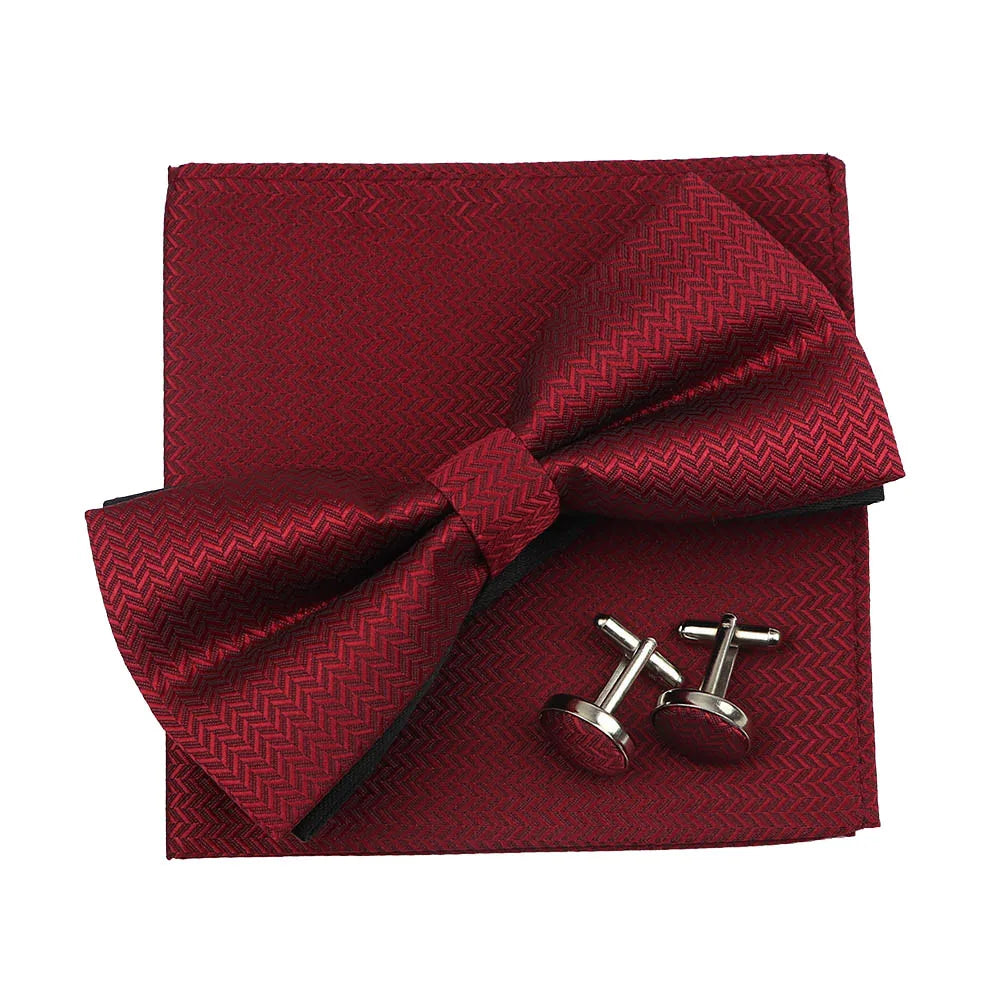 3PC Mens Bowtie Set Fashion Dot Solid Polyester Bow Tie Handkerchief Cufflinks Bar Party Wedding Business Daily Wear Accessories