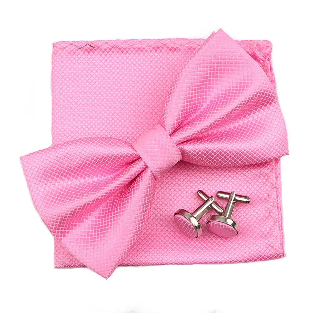 3PC Mens Bowtie Set Fashion Dot Solid Polyester Bow Tie Handkerchief Cufflinks Bar Party Wedding Business Daily Wear Accessories