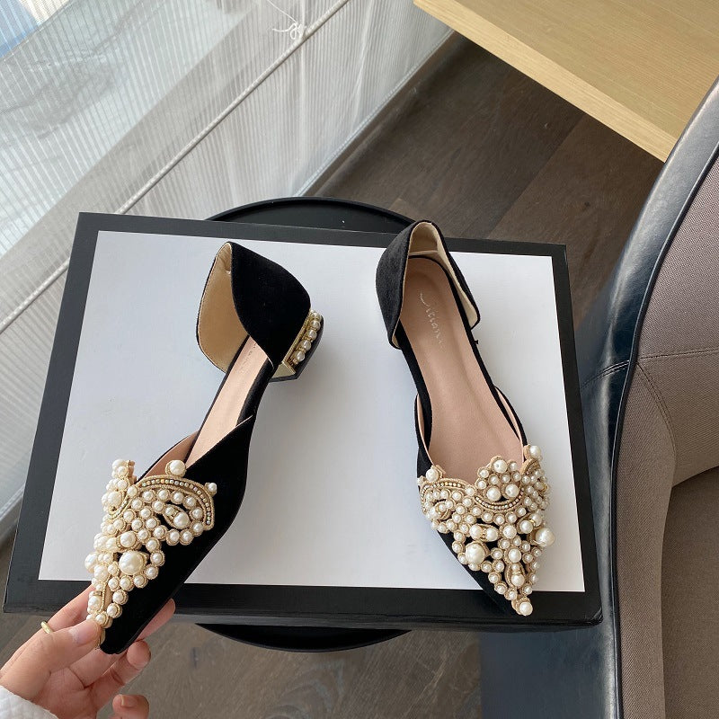 New Crown Pearl Flats Women Wedding Shoes Pointed Toe Female Dress Moccasins Low Pearl Heel Ladies Fashion Luxury Style 43