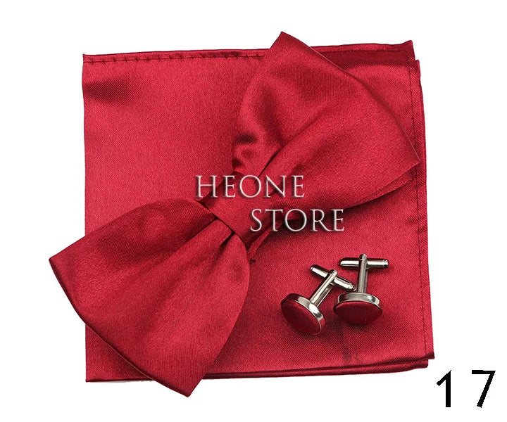 3PC Mens Bowtie Set Fashion Dot Solid Polyester Bow Tie Handkerchief Cufflinks Bar Party Wedding Business Daily Wear Accessories