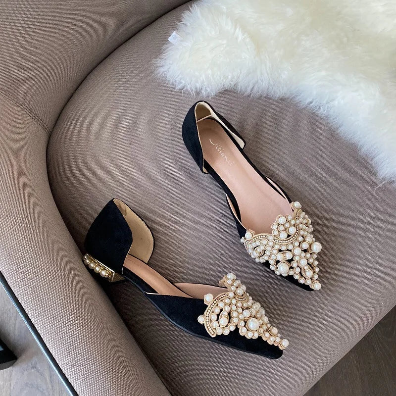 New Crown Pearl Flats Women Wedding Shoes Pointed Toe Female Dress Moccasins Low Pearl Heel Ladies Fashion Luxury Style 43