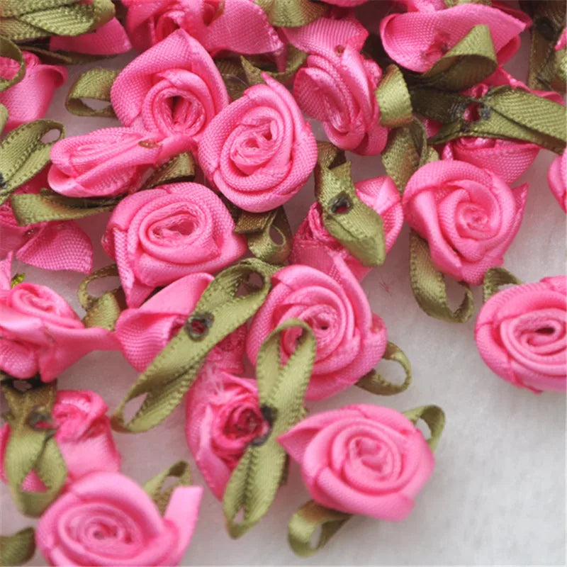 50PCS/Lot Mini Handmade Rose Flower Satin Ribbon  Fabric Appliques For Wedding Decoration Craft Sewing Accessories B039