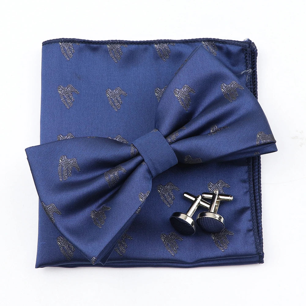 3PC Mens Bowtie Set Fashion Dot Solid Polyester Bow Tie Handkerchief Cufflinks Bar Party Wedding Business Daily Wear Accessories