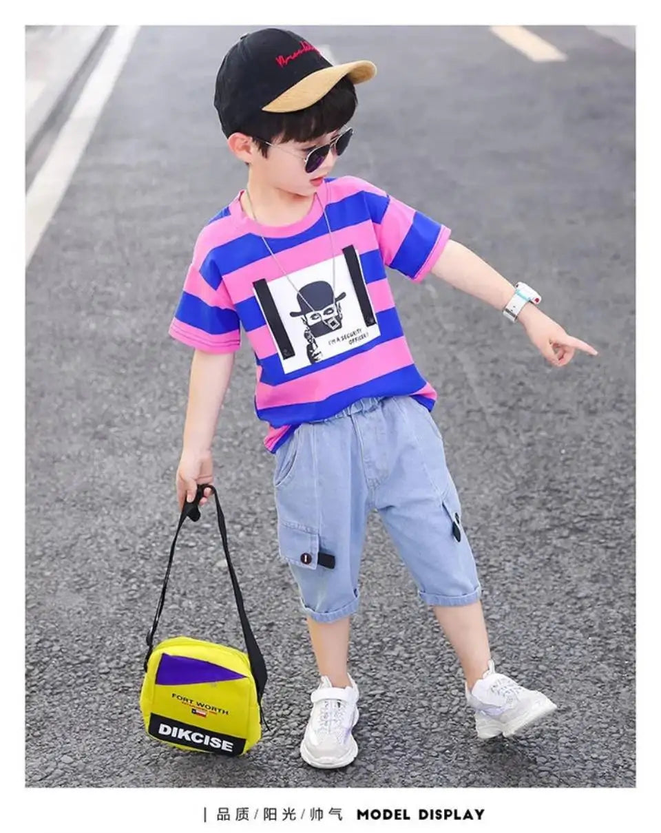 Summer Baby Boys Clothes Suit Stripe Cotton T-shirt+Jeans Short Pant 2PCS Set Kids Boys Clothing  For 3 4 5 6 7 8 9 10 11 12 Yrs