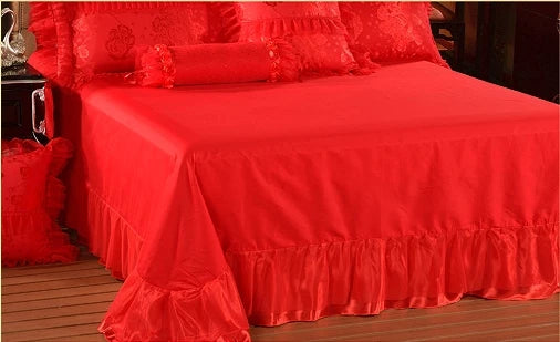 100%Cotton Soft and Breathable Bedspread Pillowcases Double Queen King Rose Luxury Red/Pink Romantic Lace Wedding Bedding Set