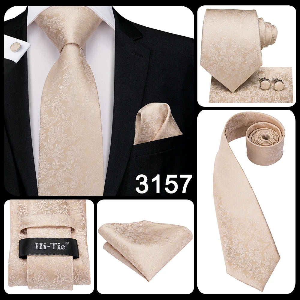 Hi-Tie Champagne Ivory Floral Solid Design Silk Wedding Tie For Men Quality Hanky Cufflink Fashion Nicktie Business Dropshipping