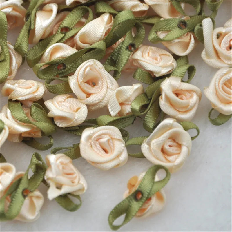50PCS/Lot Mini Handmade Rose Flower Satin Ribbon  Fabric Appliques For Wedding Decoration Craft Sewing Accessories B039
