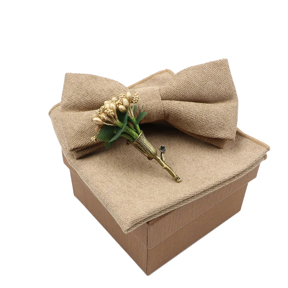 Solid Color Cotton Bowtie Handkerchief Flower Brooch Set For Men Women Party Wedding Blue Pink Green Bowties Novelty Ties Gift