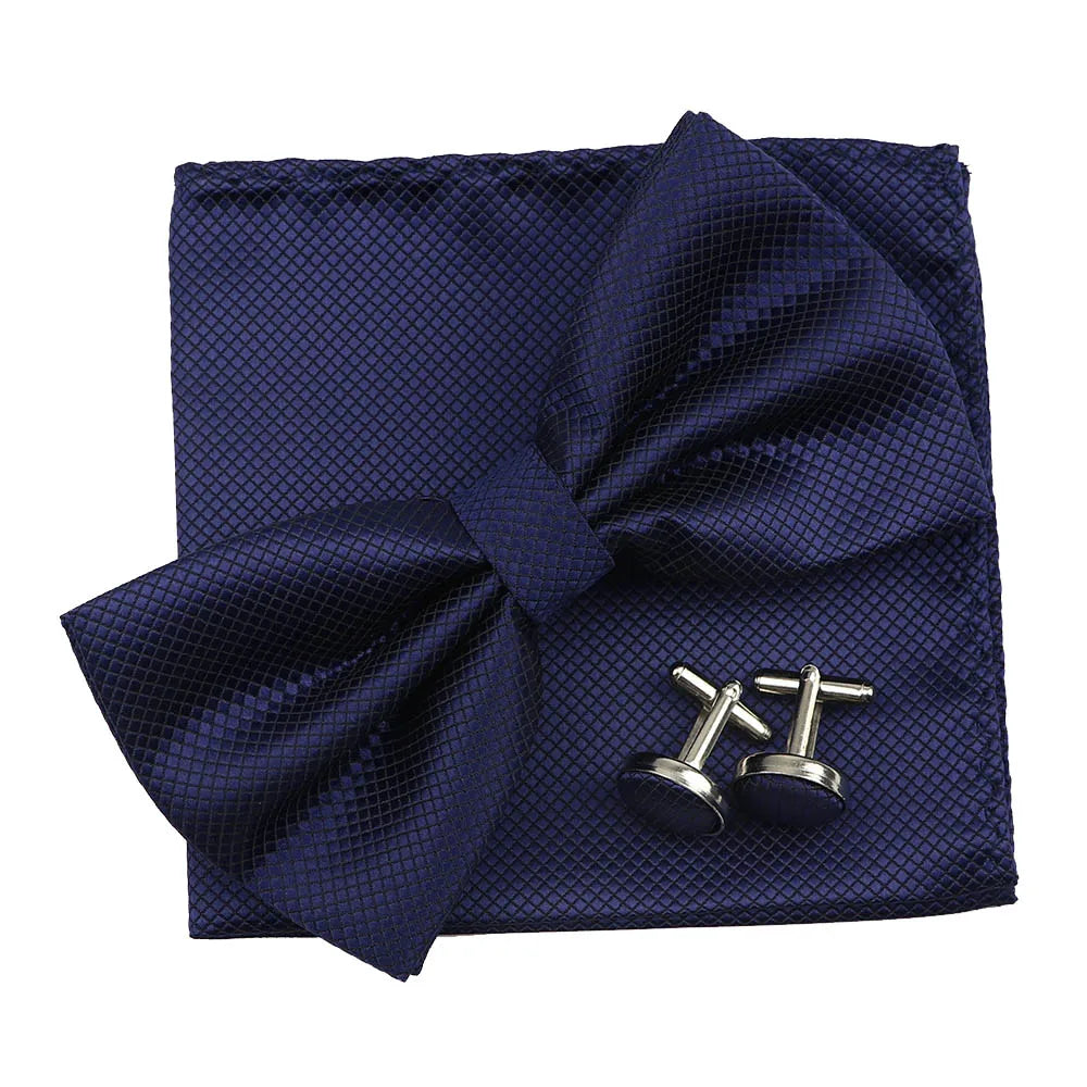 3PC Mens Bowtie Set Fashion Dot Solid Polyester Bow Tie Handkerchief Cufflinks Bar Party Wedding Business Daily Wear Accessories