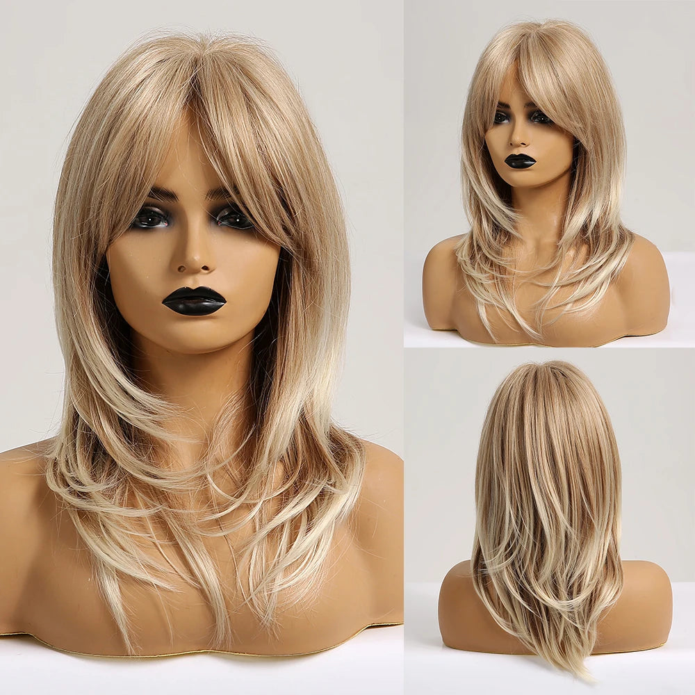 New Synthetic Long Straight Wigs Black Brown Wigs with Side Bangs Heat Resistant Lady Wigs for African American Women Hair