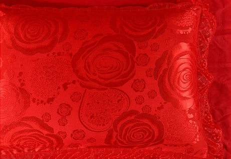 100%Cotton Soft and Breathable Bedspread Pillowcases Double Queen King Rose Luxury Red/Pink Romantic Lace Wedding Bedding Set