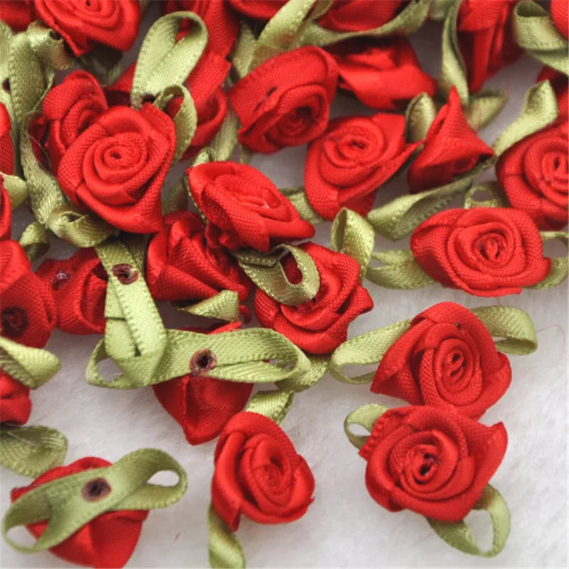 50PCS/Lot Mini Handmade Rose Flower Satin Ribbon  Fabric Appliques For Wedding Decoration Craft Sewing Accessories B039