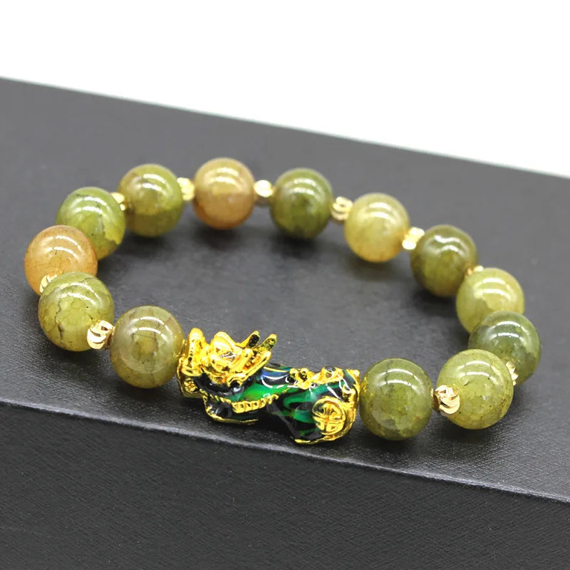 New 10mm Obsidian Stone Pixiu Bracelet For Men Women Unisex Wristband Golden Plated Black Bangles Pixiu Party Gift Jewelry