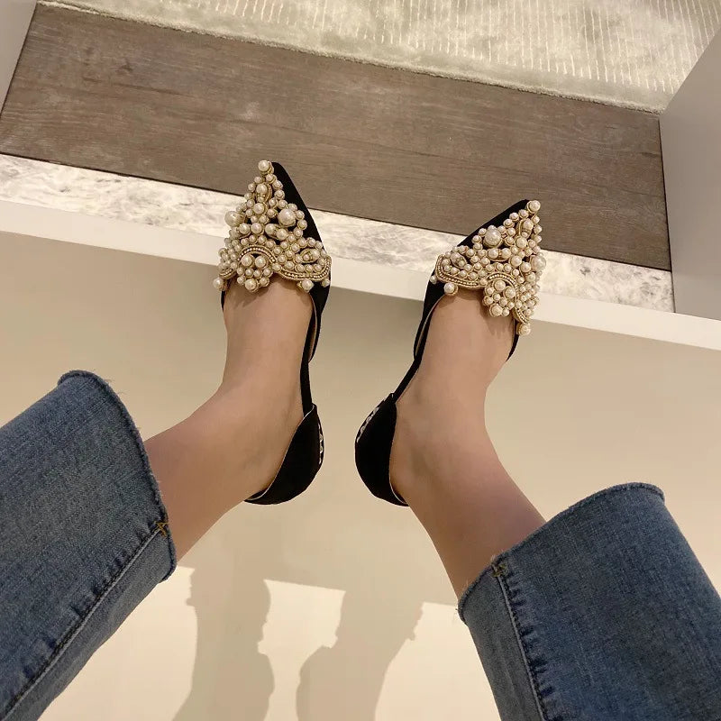New Crown Pearl Flats Women Wedding Shoes Pointed Toe Female Dress Moccasins Low Pearl Heel Ladies Fashion Luxury Style 43