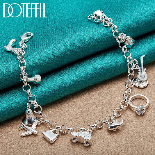 DOTEFFIL 925 Sterling Silver 18K Gold Shoe Bell Airplane Lock Car Fish Ring Lollipop Guitar Bracelet Chain Women Charm Jewelry