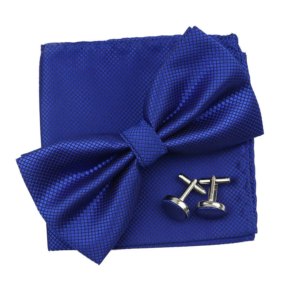 3PC Mens Bowtie Set Fashion Dot Solid Polyester Bow Tie Handkerchief Cufflinks Bar Party Wedding Business Daily Wear Accessories