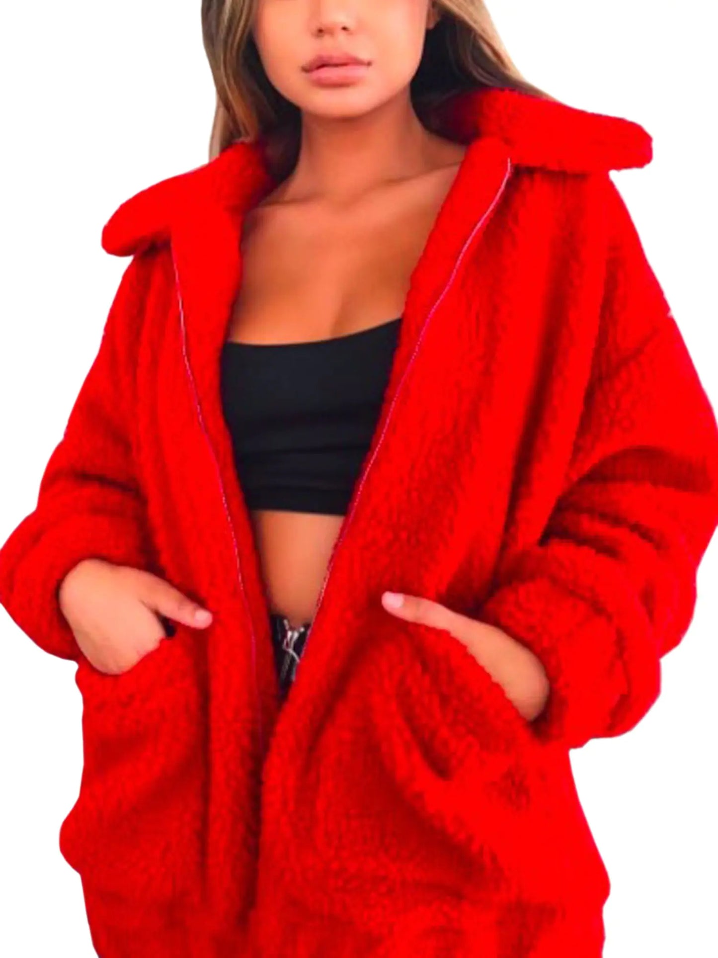 ECOWISH Women Jacket Winter Coat - 2023 Fur Fleece Long Sleeve Sherpa Faux Fuzzy Fall Teddy Fluffy Zip Lapel Outfits Red 2XL