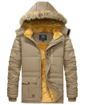 BIYLACLESEN Winter Casual Flannel Jackets for Men Winter Outdoor Jacket for Men Winter Hooded Jackets for Men Windproof Warm Jacket Khaki