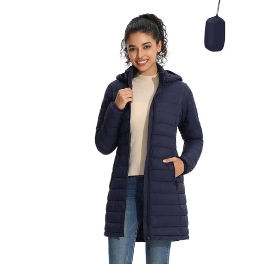 ZMC Packable Women Puffer Coat Lightweight Water-Resistant Puffer Jacket Detachable Hood Slim-Fit Winter Coat for Women（navyblueXXL）